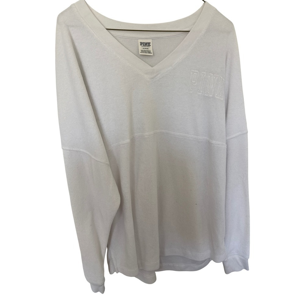 PINK Victoria's Secret White V Neck Long Sleeve Pullover Top - M